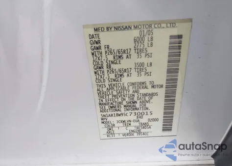 2005 Nissan Pathfinder Le из США, поврежденный, VIN 5N1AR18W95C730015